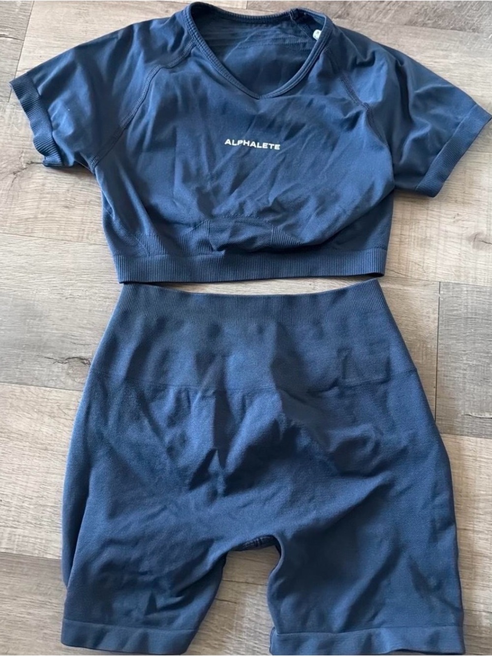 Alphalete Navy Seamless Short-Sleeve Crop Top & High-Waist Bike Shorts Set